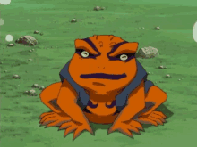 a frog with a purple face is sitting in a field