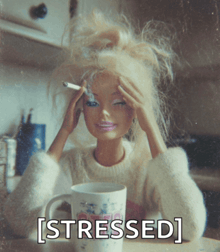 a barbie doll is smoking a cigarette while holding her head and a cup of coffee with the words [ stressed ] below it
