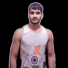 a man wearing a white tank top with a map of india