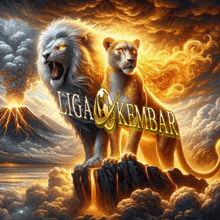 a painting of a lion and a lioness with the words liga c kembar written on the bottom