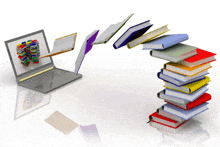 a stack of books coming out of a laptop