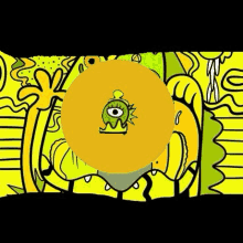 a cartoon drawing of a yellow circle with a green eye on it surrounded by yellow and green drawings .