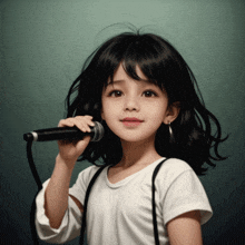 a little girl singing into a microphone with suspenders