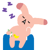 a pink bunny is sleeping on a blue couch with a yellow duck nearby