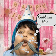 a girl in a party hat eating fish with a thought bubble that says ' gubbaum bloo '