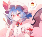 a girl with blue hair and red eyes is holding a spoon and thinking about a pudding