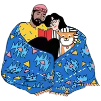 an illustration of a man reading a book to a woman and a dog wrapped in a blanket