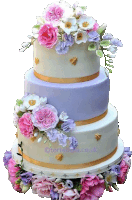 a wedding cake with pink and purple flowers on it