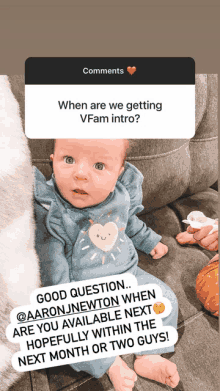 a baby is sitting on a couch with a question about when they are getting vfam intro