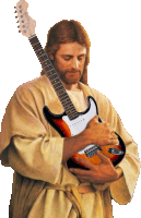 a painting of jesus holding an electric guitar that says jackson on it