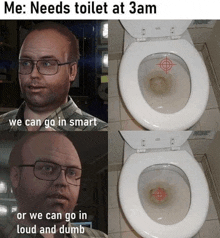 a meme shows a man with glasses and a toilet with a target on the seat