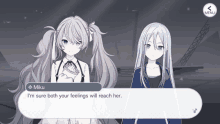 a screenshot of a video game where miku says " i 'm sure both your feelings will reach her .. "