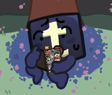 a cartoon drawing of a square with a cross on it holding a book