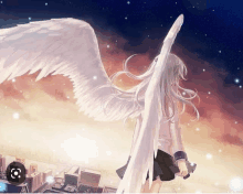 a girl with angel wings stands on top of a city