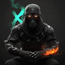 a man in a gas mask holds a flame in his hands