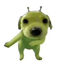 a green dog with antennas on its head stands on its hind legs
