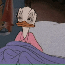 a cartoon of donald duck is laying in bed with his eyes closed