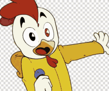 a cartoon chicken is holding a microphone in his hand