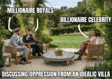 a meme shows a man and two women sitting in chairs with the caption discussing oppression from an ideal villa