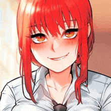 a close up of a girl with red hair and a white shirt and tie .