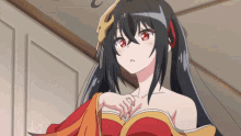 a girl with long black hair and red eyes is wearing a red and yellow dress