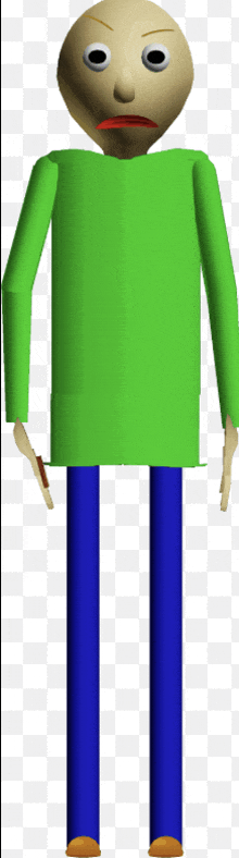 a cartoon character with a green shirt and blue pants is standing on a white background