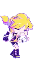 a cartoon drawing of a boy with yellow hair and purple shorts