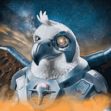 a painting of an eagle wearing a robotic suit with the words onlyverse written on the bottom