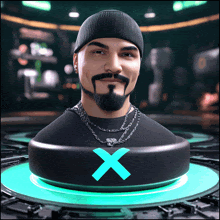 a 3d model of a man with a beard and a beanie has a blue x on his head