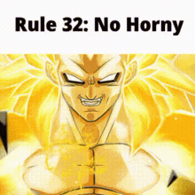 a picture of a cartoon character with the words `` rule 32 : no horny '' written above him .