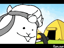 a cartoon of a sheep wearing headphones with a tent in the background and the word rokutop at the bottom