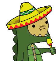 a cartoon drawing of a dinosaur wearing a sombrero and holding a maraca