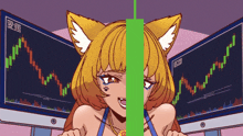 a cartoon of a girl with a fox ear standing in front of a computer monitor with a graph on it