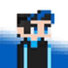 a pixel art of a man with blue hair and a black shirt .