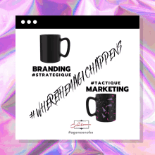 a poster with two mugs and the words branding strategice and tactice marketing