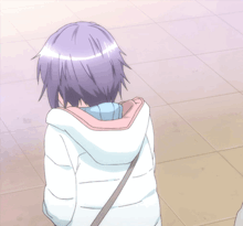 a girl with purple hair is wearing glasses and a white coat
