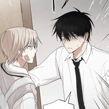 a man with a bandage on his face talks to another man in a white shirt and tie