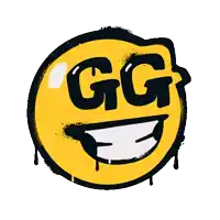 a yellow smiley face with the words gg on it