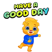 a cartoon bear says have a good day and is wearing a blue shirt with a star on it