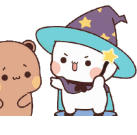 a cartoon bear wearing a wizard 's hat is standing next to a cartoon cat wearing a skateboard .