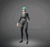 a woman with green hair is standing on one leg in a suit