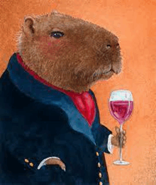 a capybara in a suit is holding a glass of wine .