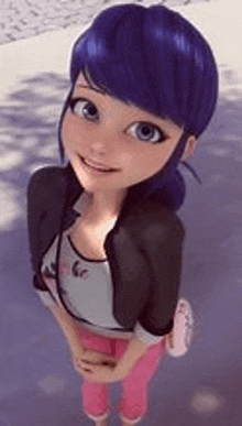 a cartoon girl with blue hair and pink pants is standing on a sidewalk .