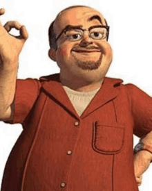 a cartoon man with glasses and a beard is wearing a red shirt and giving the ok sign .