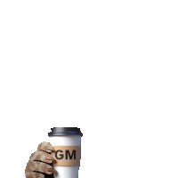 a sloth is holding a cup that says gm on the sleeve