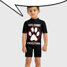 a young boy is wearing a black shirt that says anti furry coalition