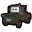 a cartoon drawing of a green and brown toy car with two eyes .