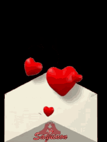 three red hearts are coming out of a white envelope .