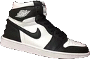 a pair of black and white nike air jordans on a white background .