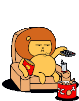 a cartoon of a lion sitting on a couch holding a remote